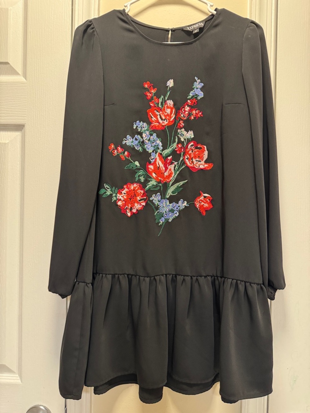 Express Black Dress with Red & Blue Floral Embroidery